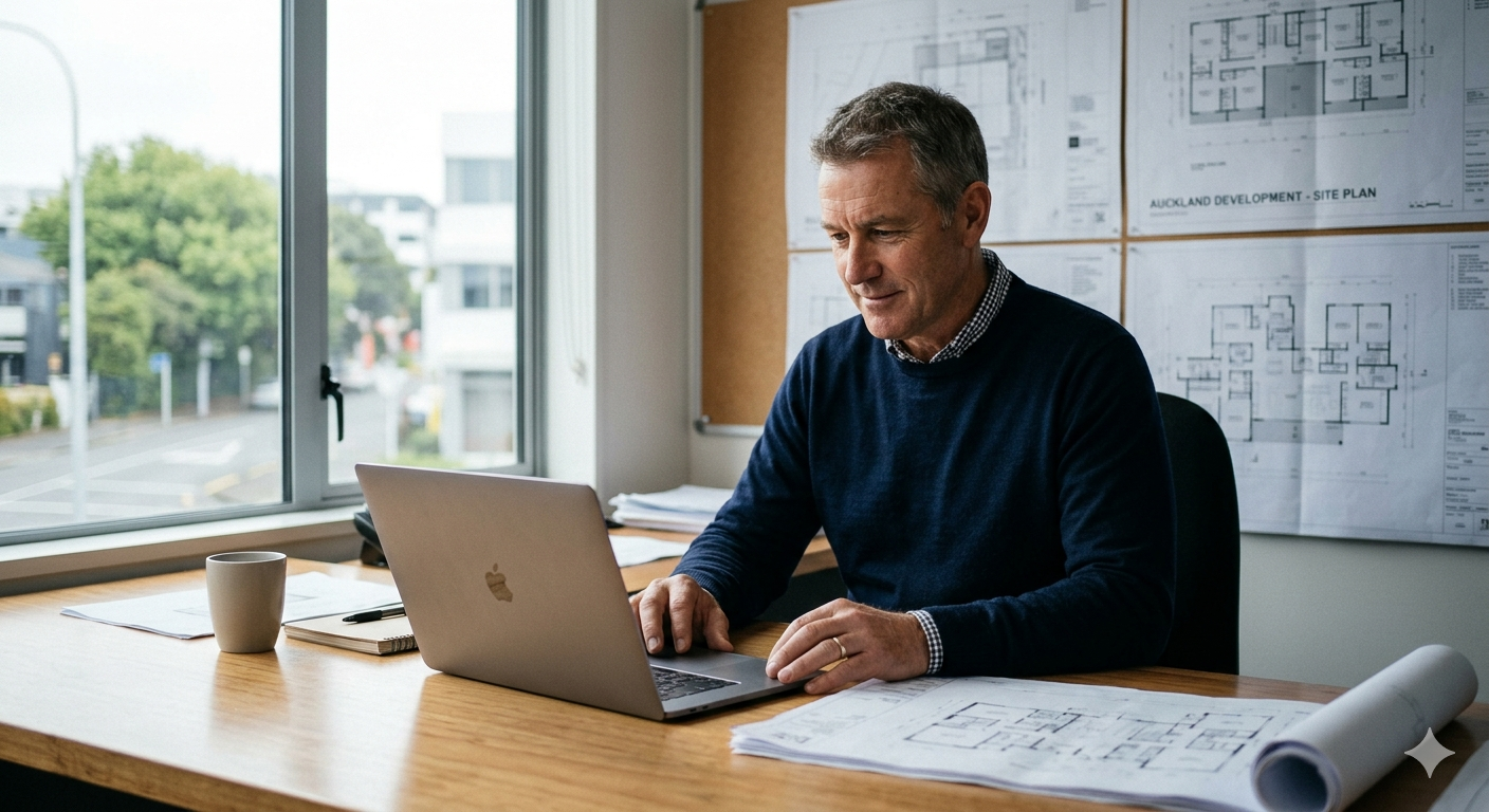 Builder reviewing compliance records