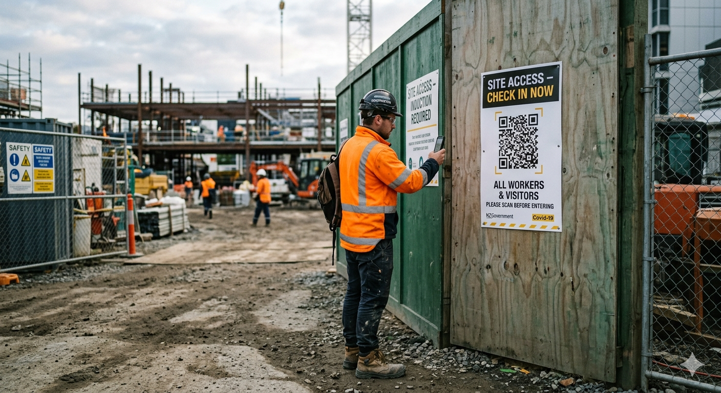 Worker scanning TrustPoint QR check-in at construction site gate