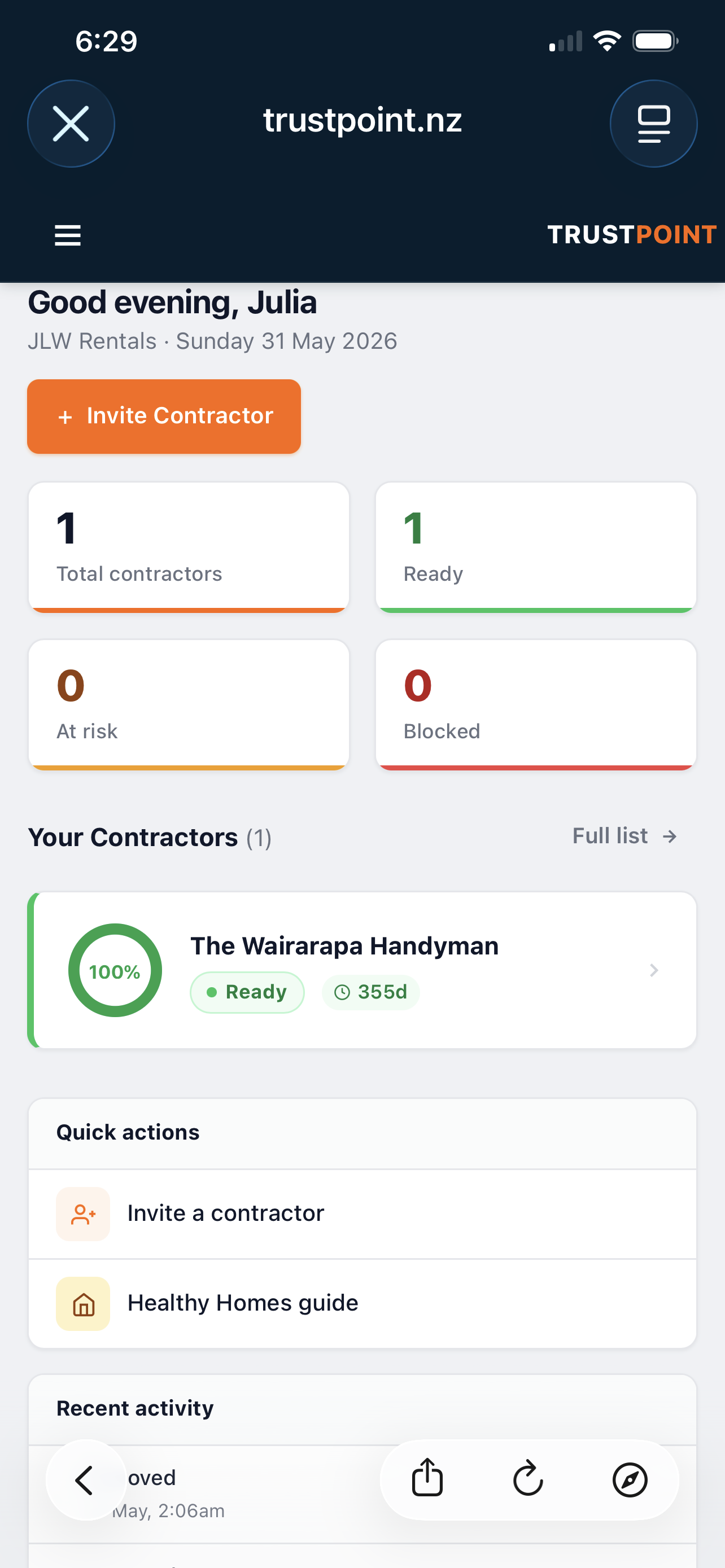 TrustPoint contractor dashboard on mobile