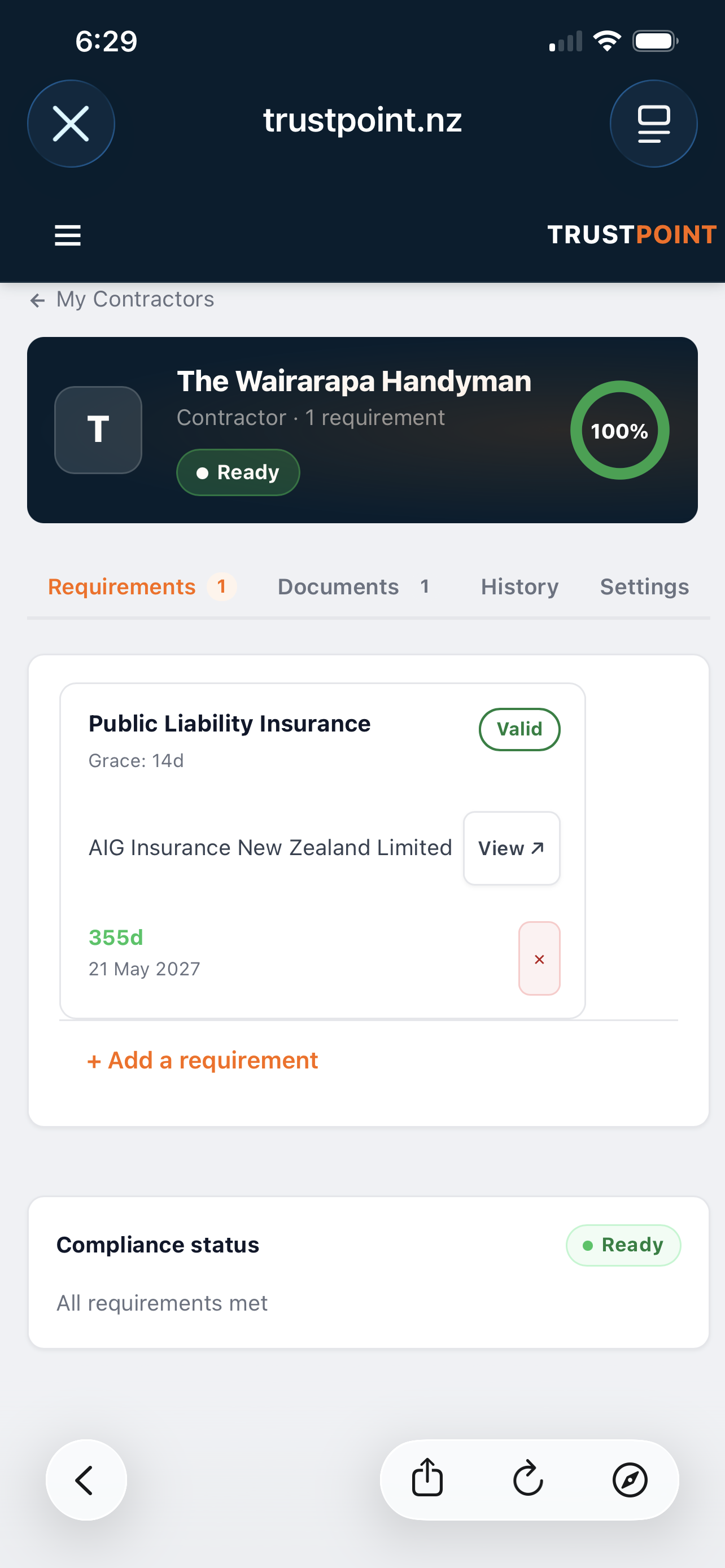 TrustPoint compliance detail on mobile