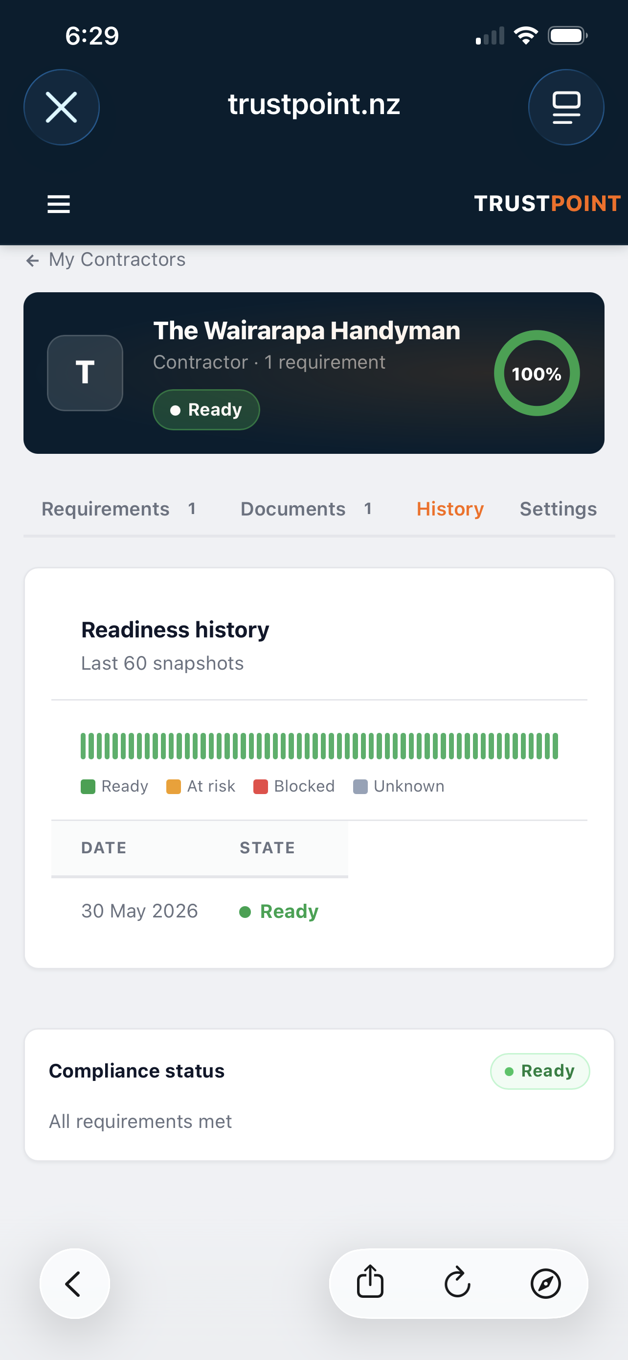 TrustPoint readiness history on mobile